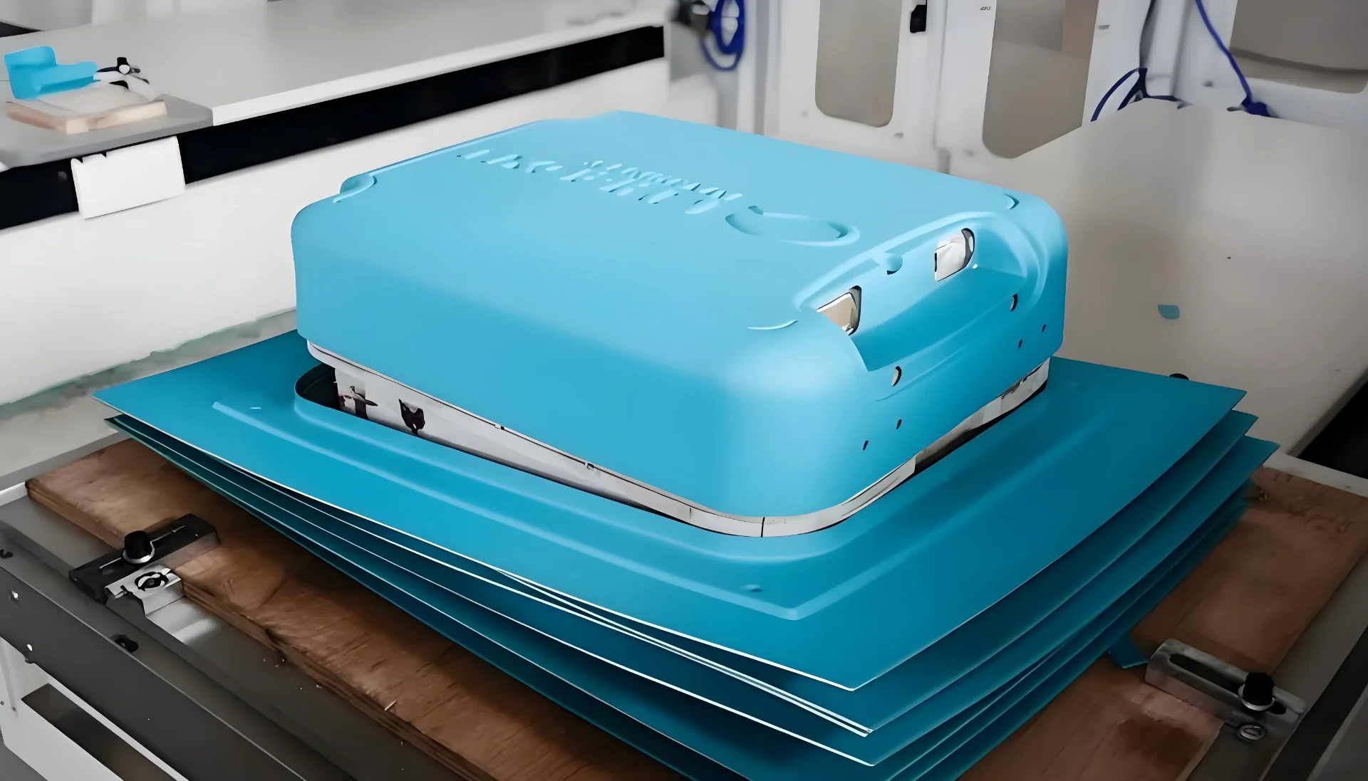 Blue vacuum forming mold on machine