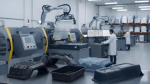 State-of-the-art vacuum forming machines in an advanced manufacturing facility with plastic parts on display.