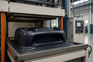 Vacuum forming machine processing a large black plastic component in an industrial workshop setting.