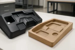 Two vacuum forming molds on a table in a workshop, showcasing smooth and precise designs.