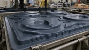Large black thermoformed part in mold on thermoforming machine