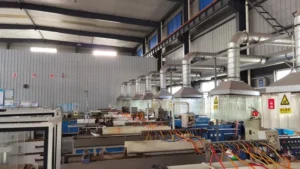 Plastic extrusion lines with operator control panels and exhaust hoods