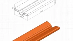 Technical drawing and 3D render of ABS plastic extrusion part with detailed measurements.