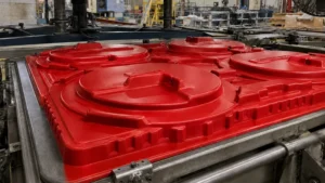 Large red thermoformed part in mold on thermoforming machine